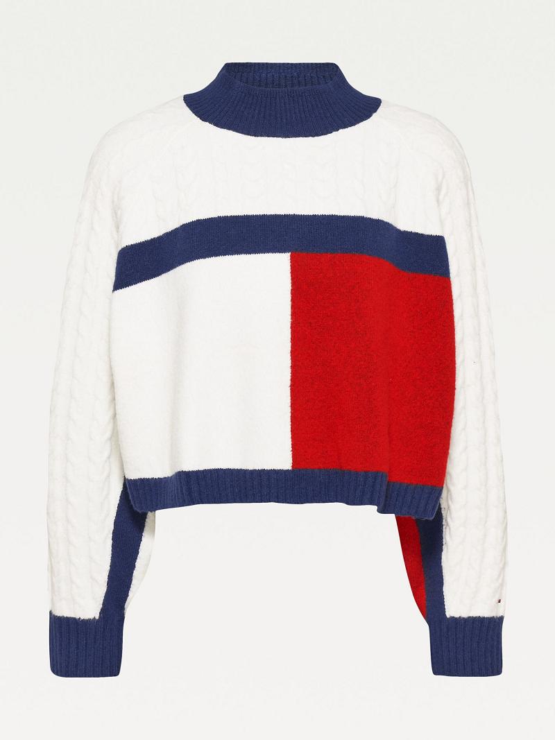 Női Tommy Hilfiger Recycled Flag Pulóverek Sötétkék Színes | HU 361HAP